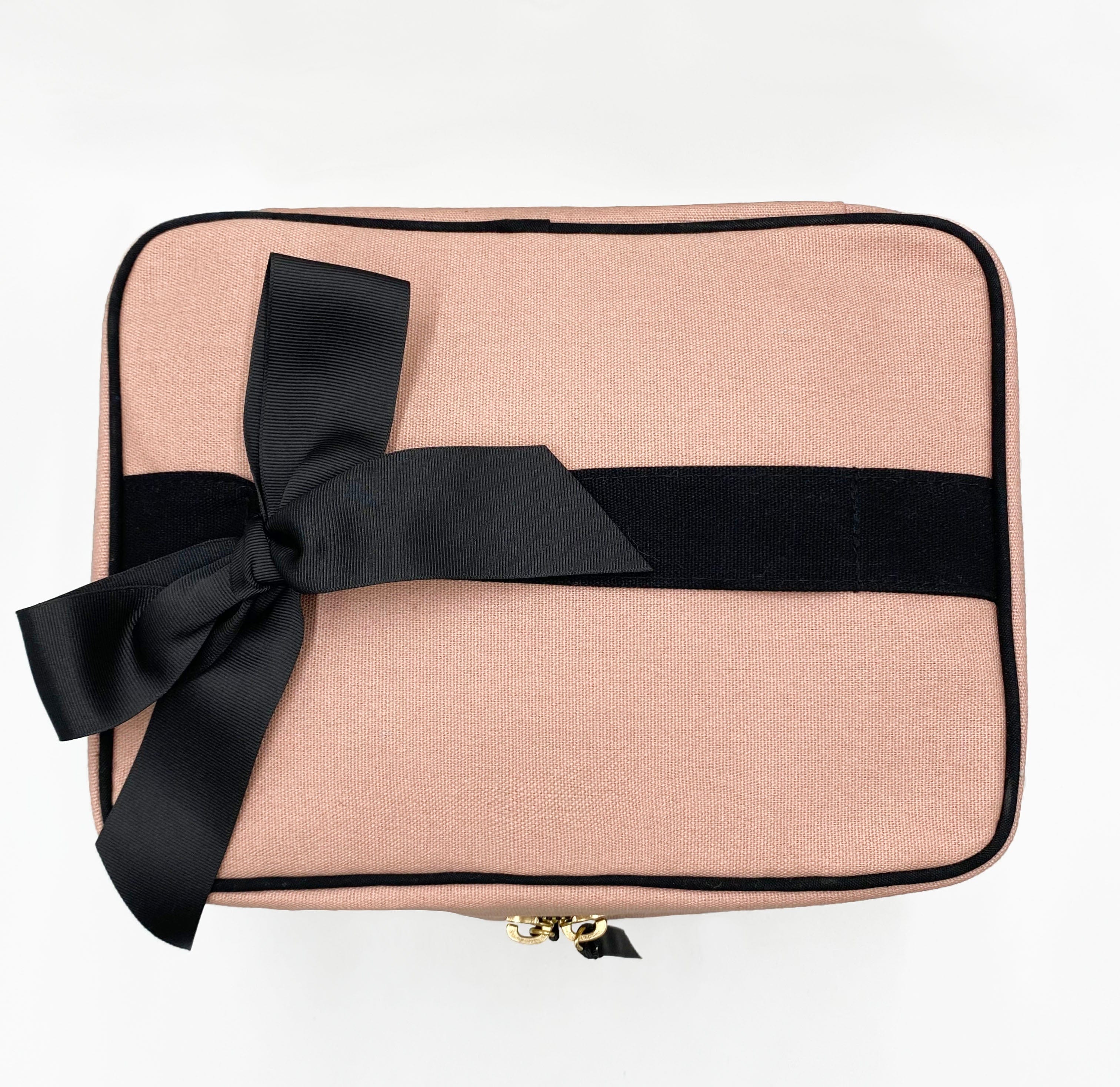Bag-all My Vanity Large Beauty Box in pink blush with black ribbon bow, spacious organizer for cosmetics and toiletries, featuring laminated interior and removable grosgrain accent