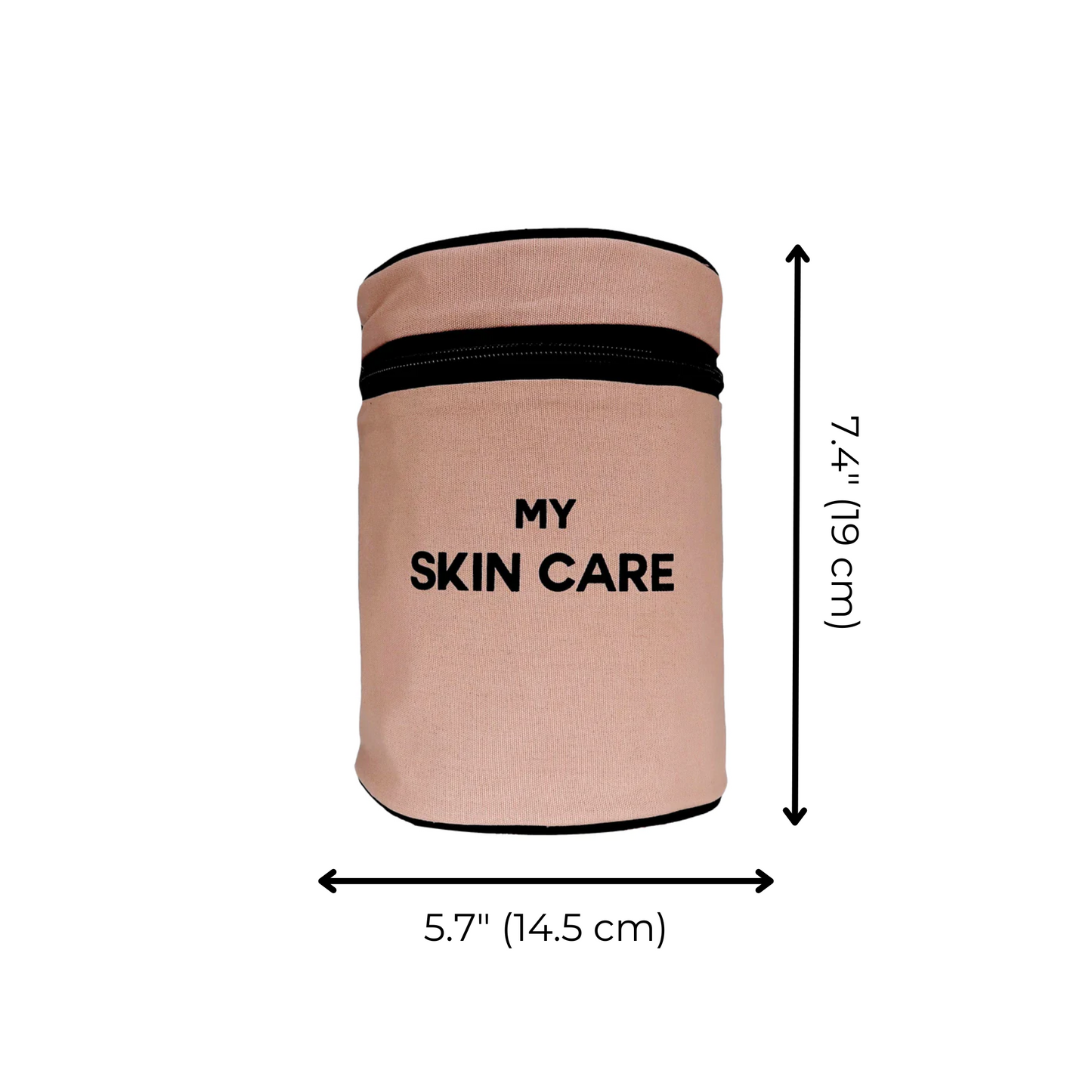 Bag-all Round My Skin Care Case in pink blush, cylindrical organizer with black zipper, laminated interior and organizational pockets, measures 7.4 x 5.7 inches