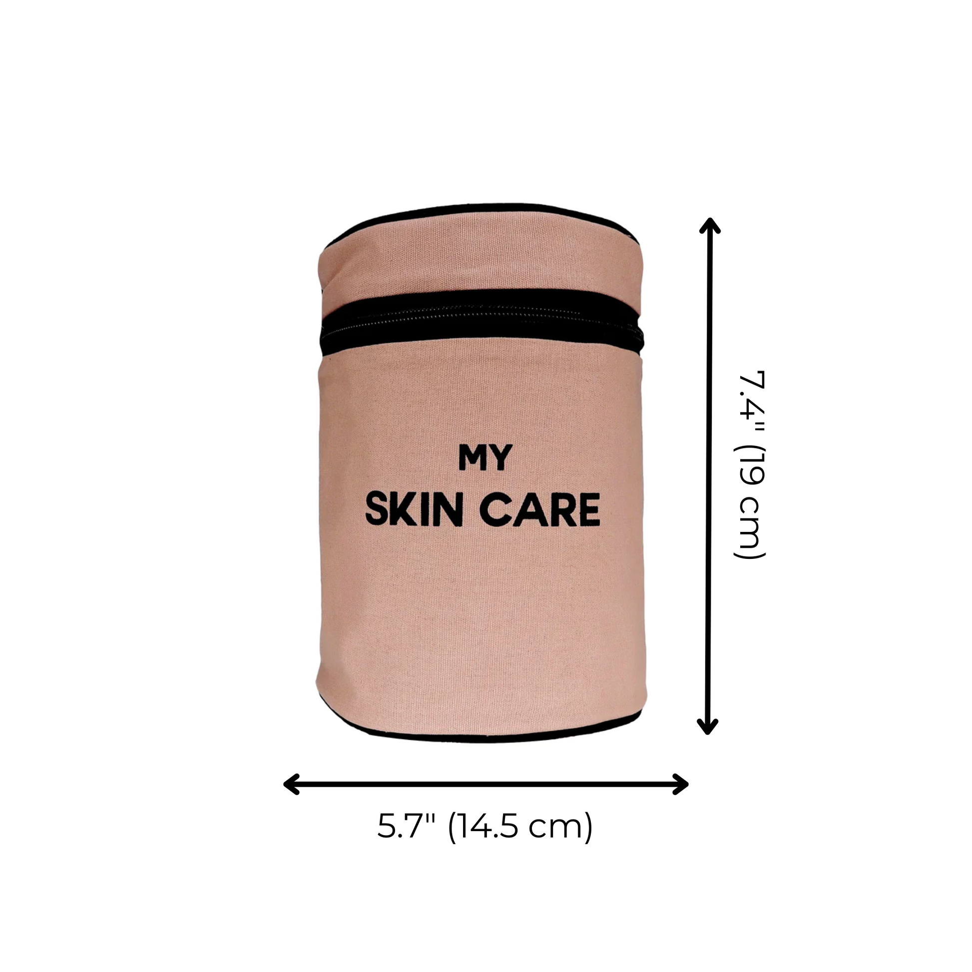 Bag-all Round My Skin Care Case in pink blush, cylindrical organizer with black zipper, laminated interior and organizational pockets, measures 7.4 x 5.7 inches