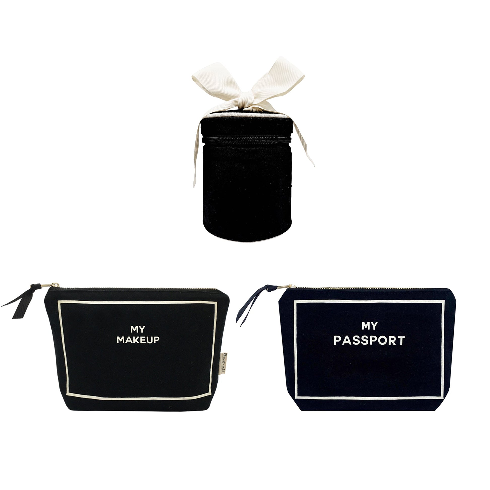 Bag-all black 3-pack travel set with passport, liquid, and makeup organizers perfect for carry on essentials.