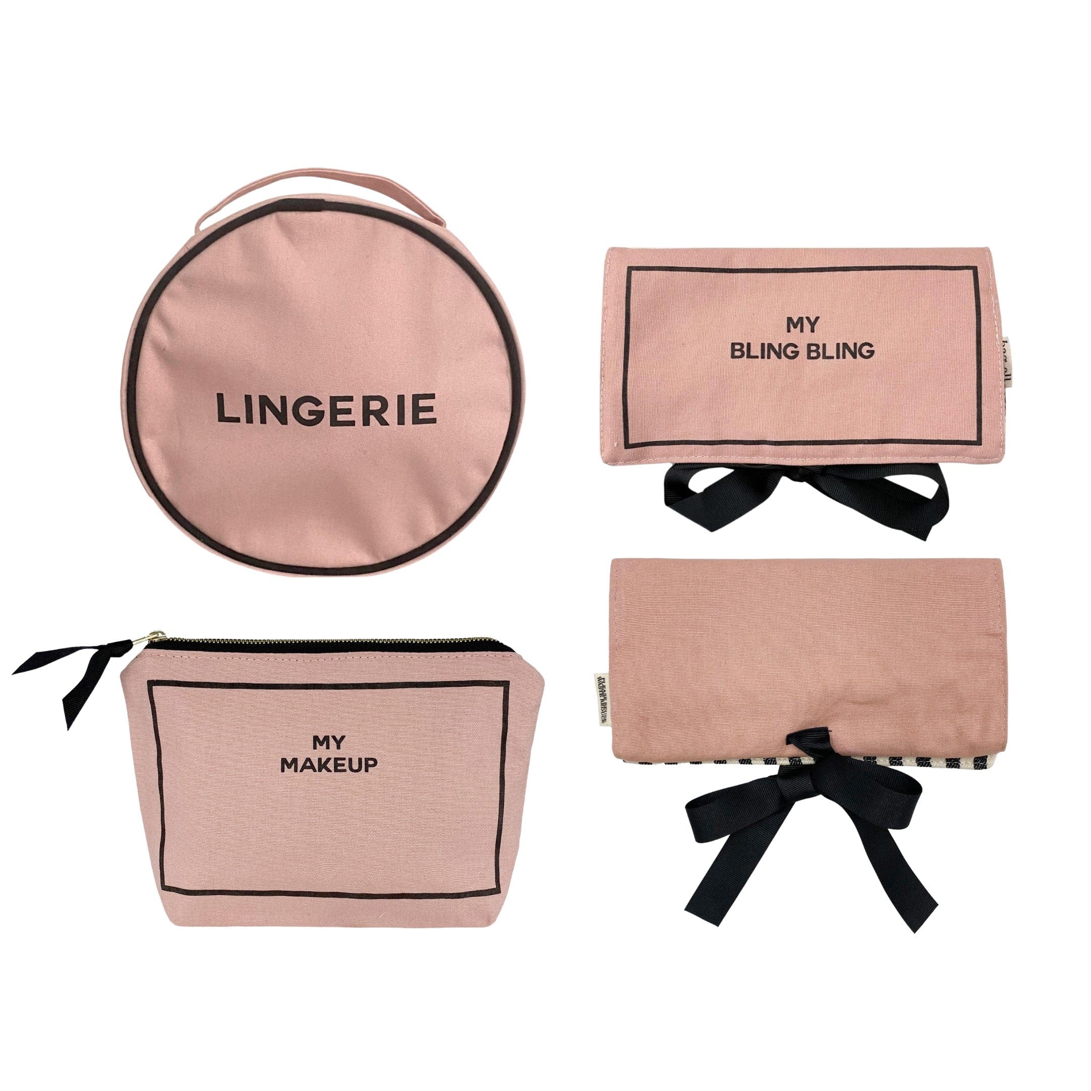 Bag-all Deal Gift Set for Her featuring pink cotton organizer cases for lingerie, makeup, and jewelry with black bow details and text embroidery, perfect for stylish storage