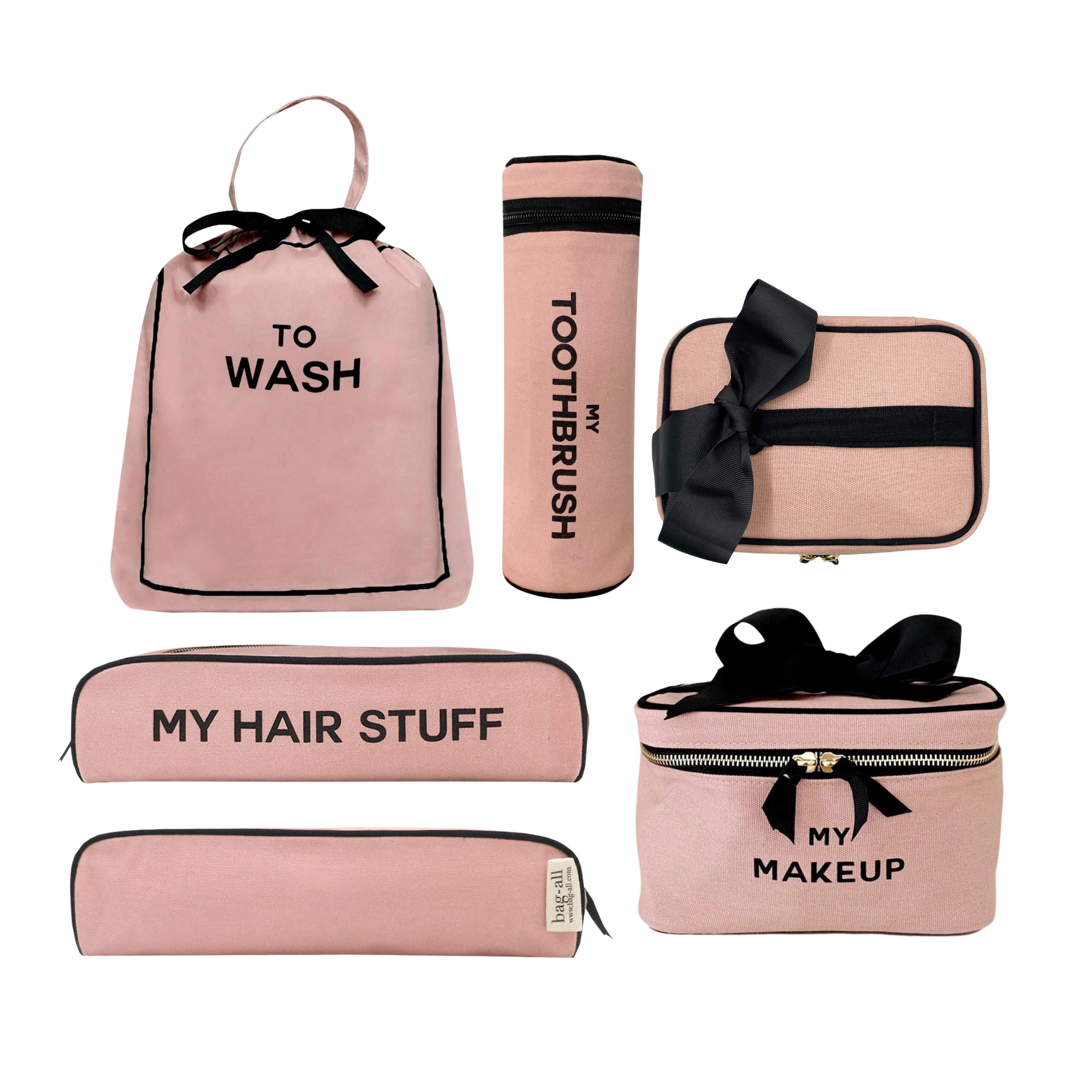 Bag-all Deal Gift Set featuring pink cotton travel essentials: To Wash laundry bag, makeup box, hair stuff case, and toothbrush holder with black bow accents and striped lining