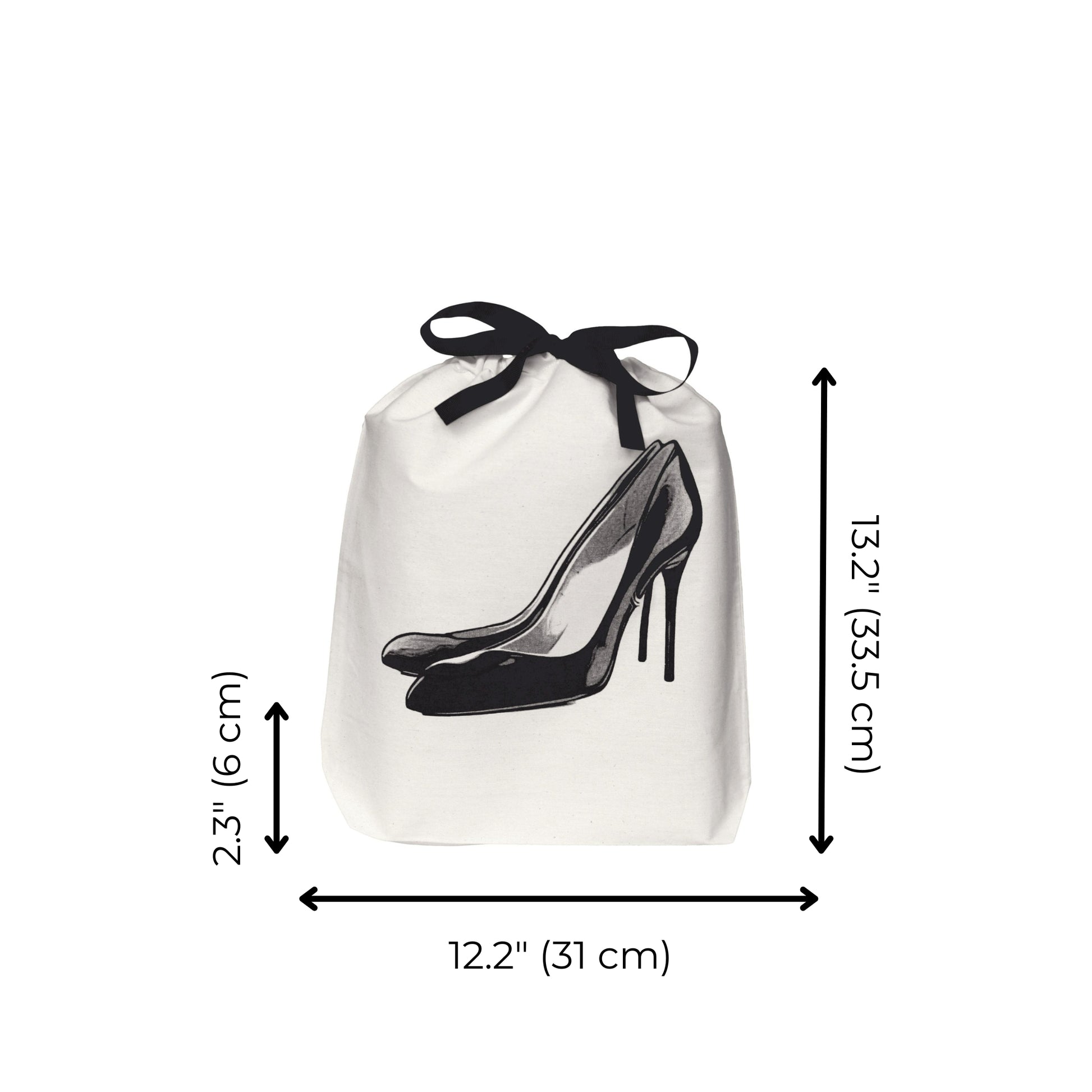 Bag-all Black Pumps Shoe Bag in cream cotton canvas featuring stylish black heel print, drawstring closure, perfect for protecting designer shoes and travel