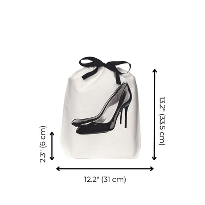Bag-all Black Pumps Shoe Bag in cream cotton canvas featuring stylish black heel print, drawstring closure, perfect for protecting designer shoes and travel