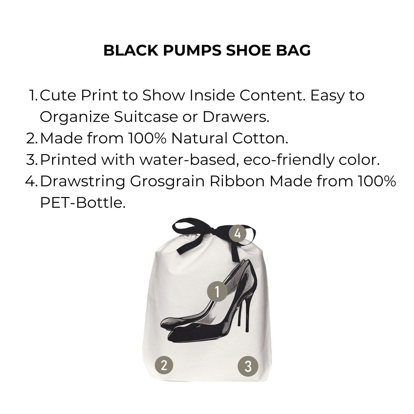 Bag-all Black Pumps Shoe Bag with stylish heel print design, natural cotton canvas construction, and eco-friendly drawstring closure, perfect for organizing and protecting high heels