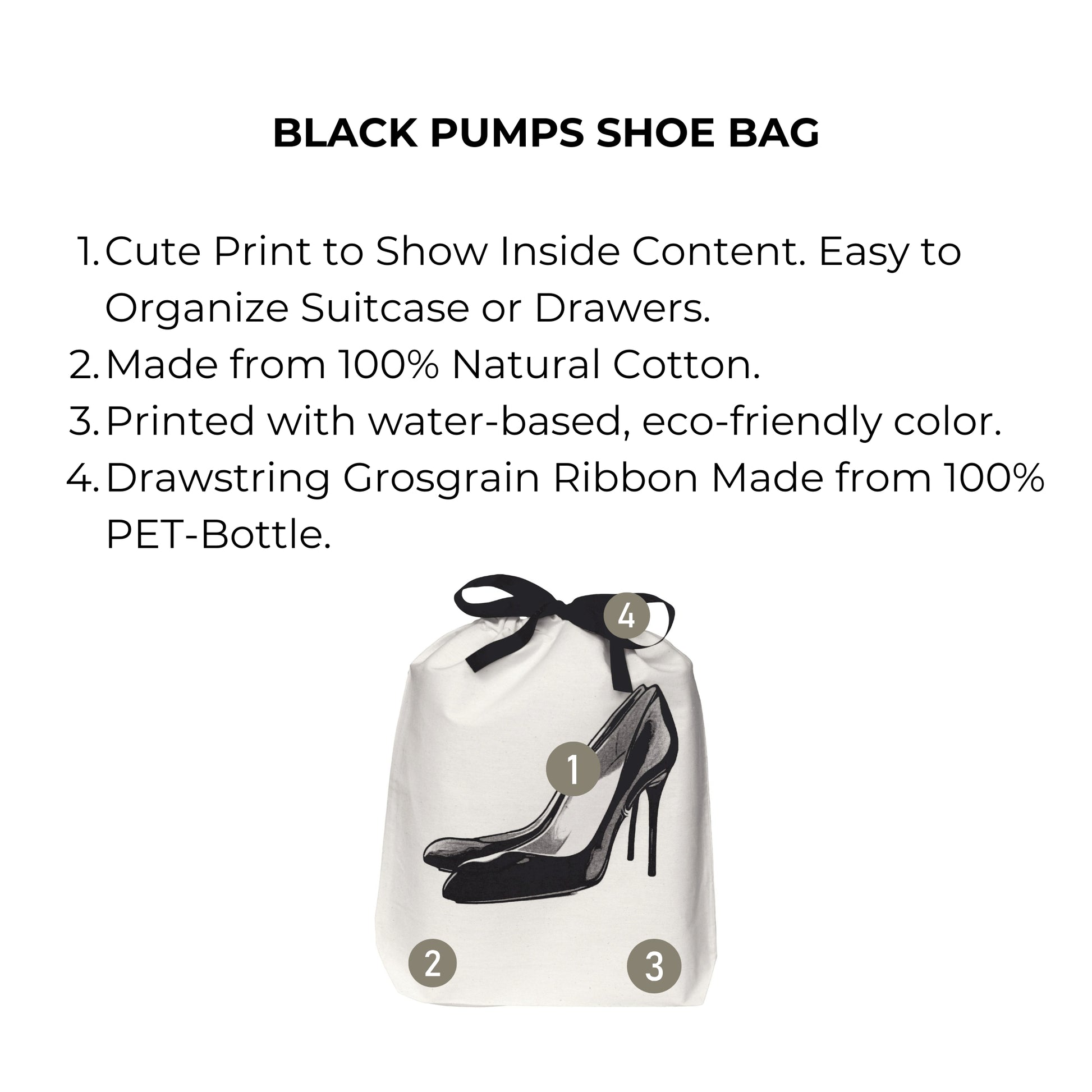 Bag-all Black Pumps Shoe Bag with stylish heel print design, natural cotton canvas construction, and eco-friendly drawstring closure, perfect for organizing and protecting high heels