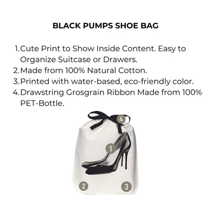 Bag-all Black Pumps Shoe Bag with stylish heel print design, natural cotton canvas construction, and eco-friendly drawstring closure, perfect for organizing and protecting high heels