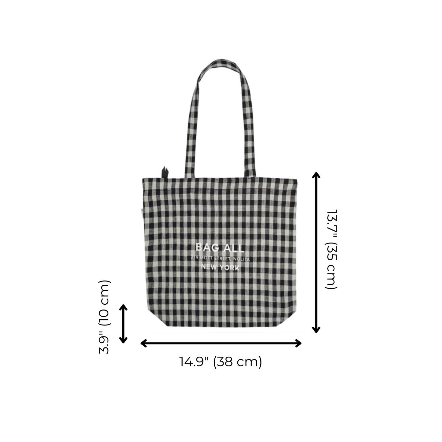 Bag-all New York City Gingham Tote featuring black and white check pattern, zipper closure, interior pocket, linen construction, measuring 15x14 inches with comfortable handles