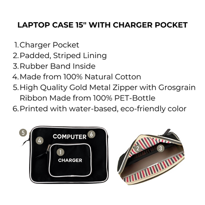 Bag-all Black Laptop Case 15" with charger pocket features striped cotton lining, eco-friendly materials, gold metal zipper, and protective padding. Perfect for organized tech storage.