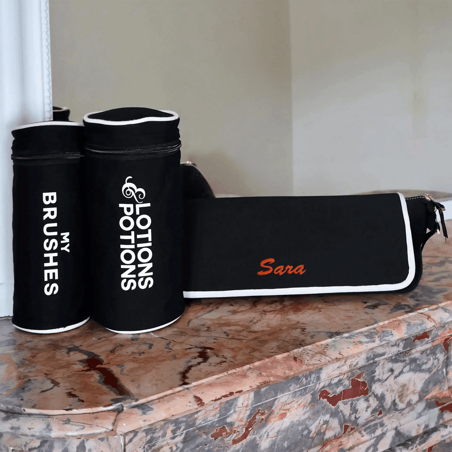Bag-all black 3-pack brush and hair tools organizer set with white trim personalized with Sara name