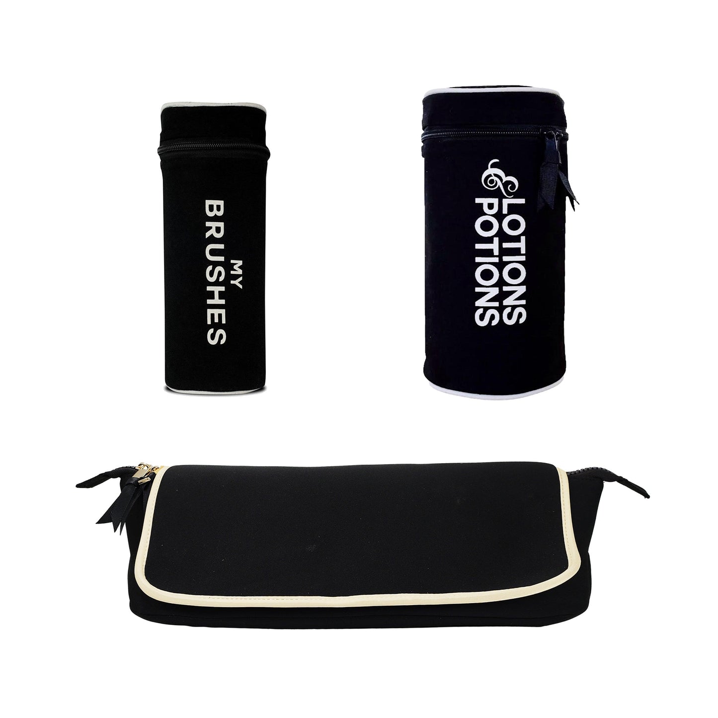 Black 3-pack brush and hair tool organizer set with zip closures for easy storage by Bag-all