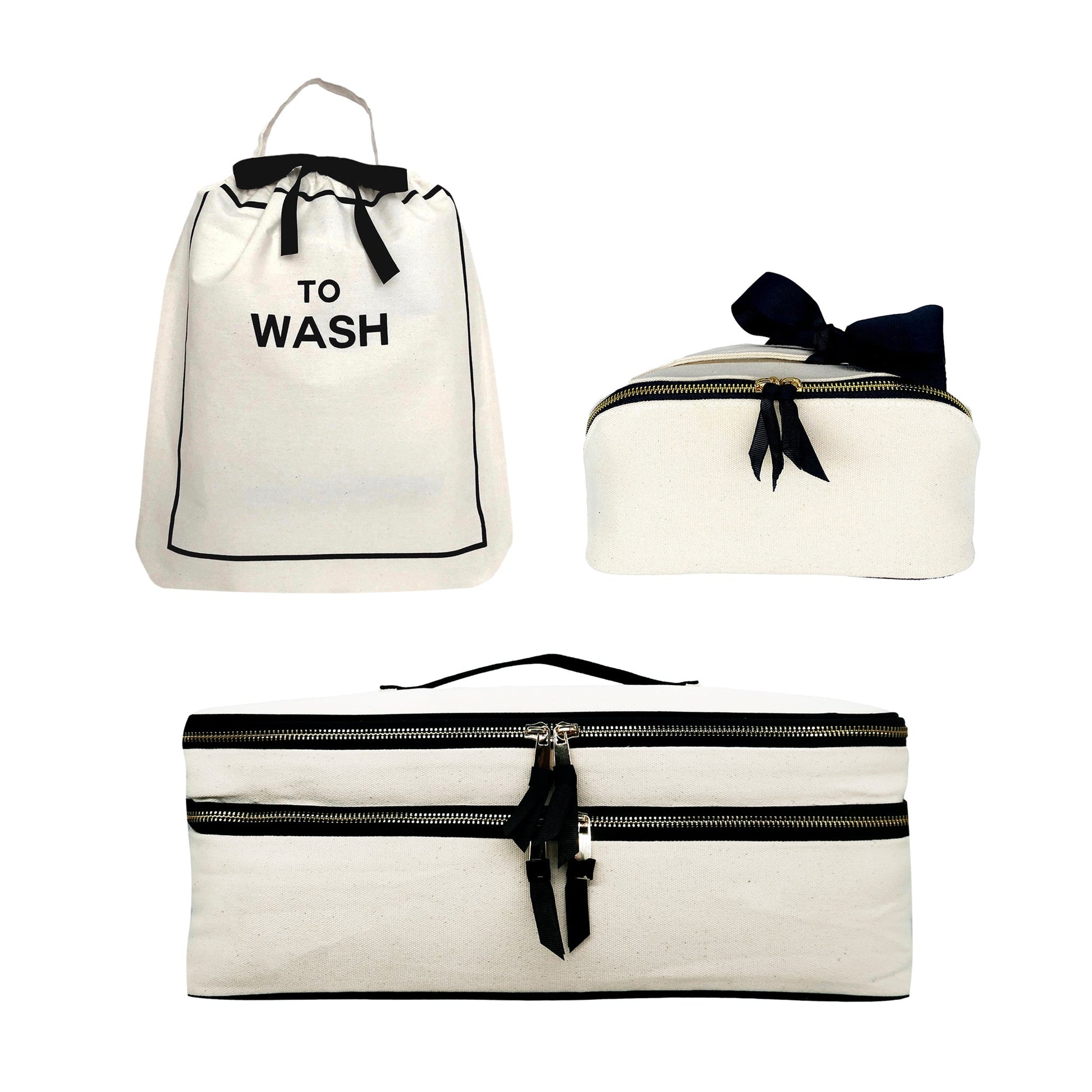Bag-all cream Weekender gift set including three stylish laundry and beauty cases with black accents and ribbons