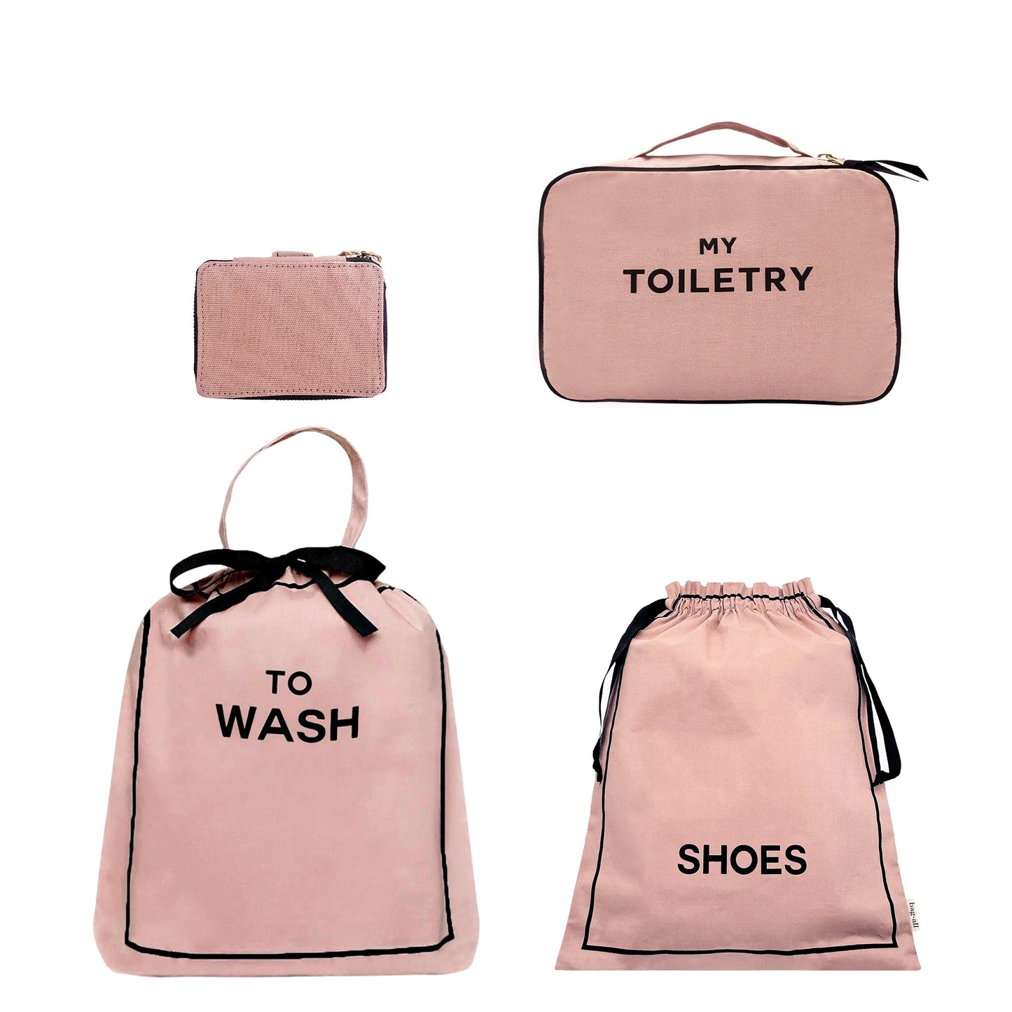Bag-all Jetsetter 4-pack travel organizers in pink blush for toiletries, laundry, shoes, and trinkets with clear labels