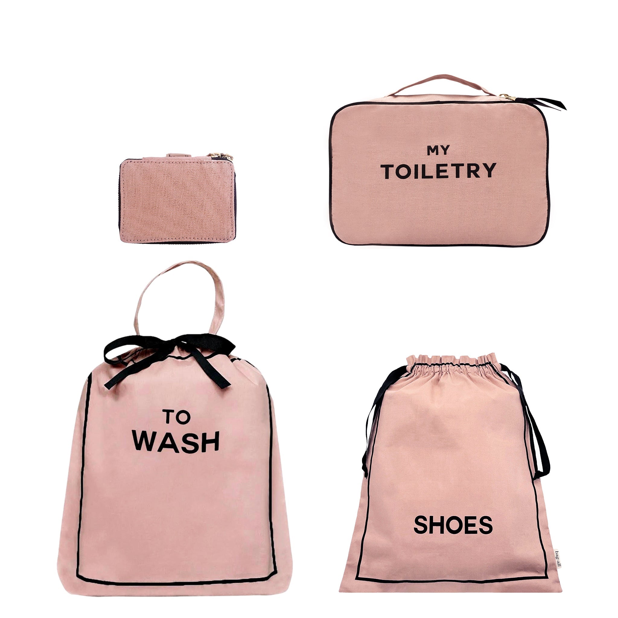 Bag-all Jetsetter 4-pack travel organizers in pink blush for toiletries, laundry, shoes, and trinkets with clear labels