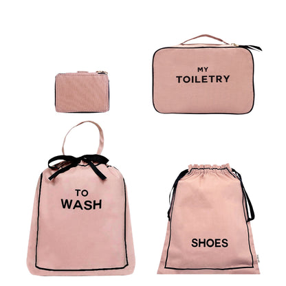 Bag-all Jetsetter 4-pack travel organizers in pink blush for toiletries, laundry, shoes, and trinkets with clear labels