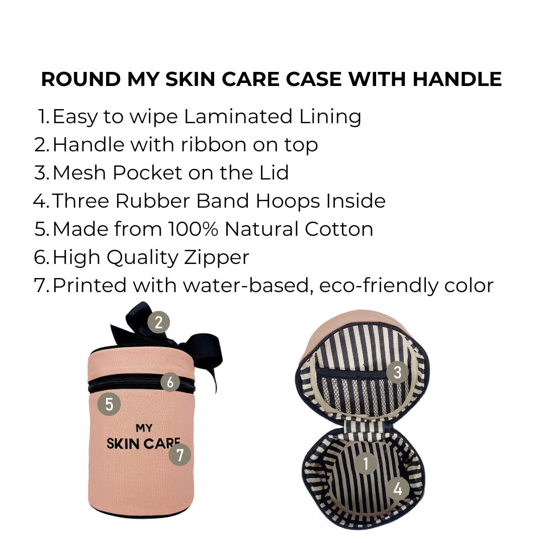 Bag-all Round Skin Care Case with Handle in Pink featuring laminated lining, mesh lid pocket, rubber bands, and eco-friendly cotton construction with bow detail for organized beauty storage