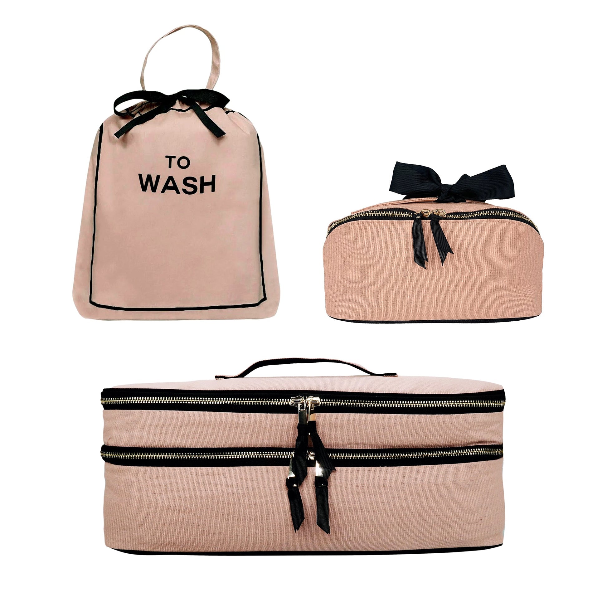 Bag-all Weekender Gift Set 3-pack pink blush laundry and beauty cases with black zipper pulls and ribbon accents