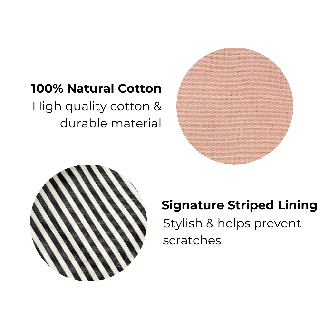 Bag-all Passport Pouch in blush pink cotton with black and white striped lining, showcasing material swatches of natural cotton exterior and signature striped interior fabric