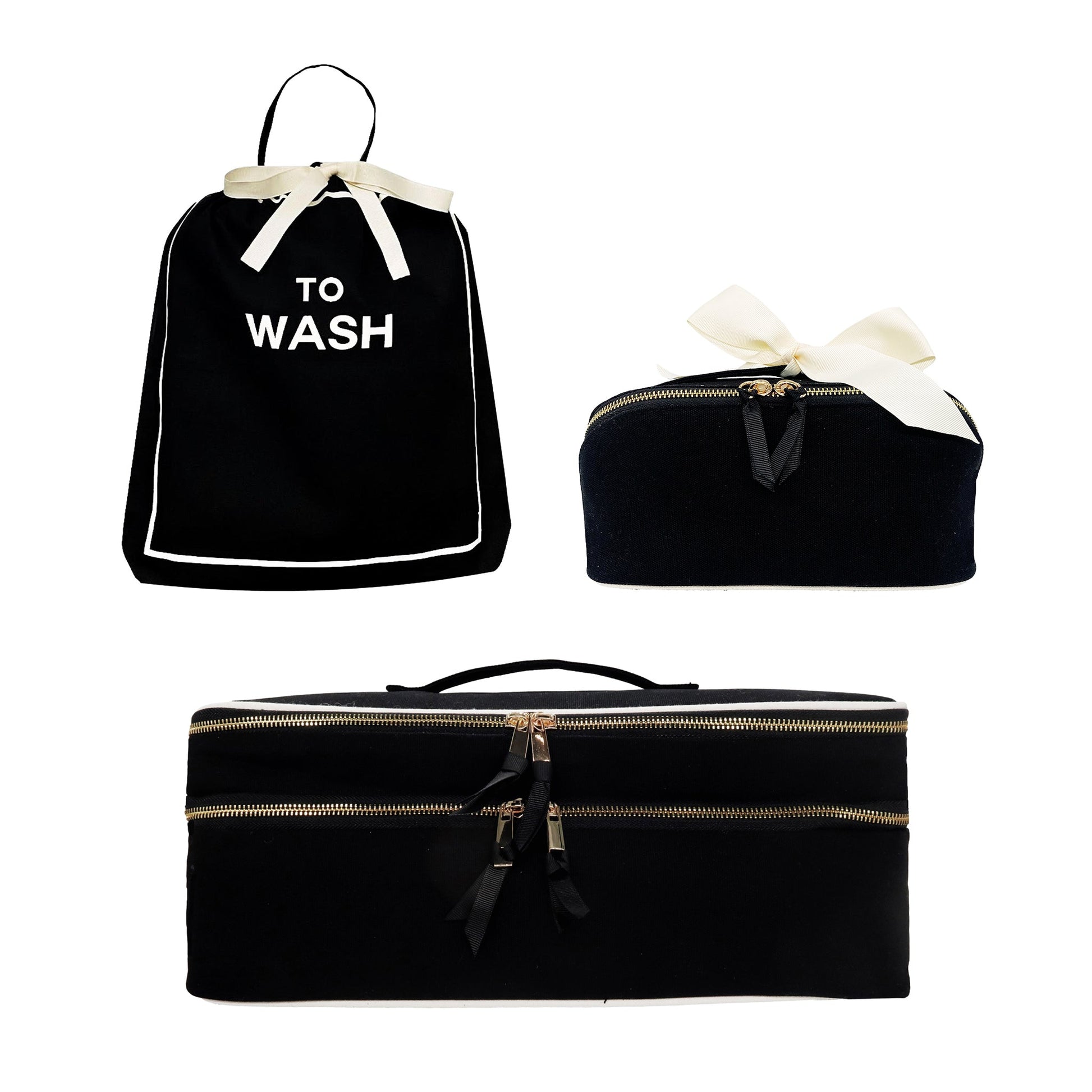 Bag-all black Weekender Gift Set with 3 laundry and beauty cases featuring elegant white bows and gold zippers