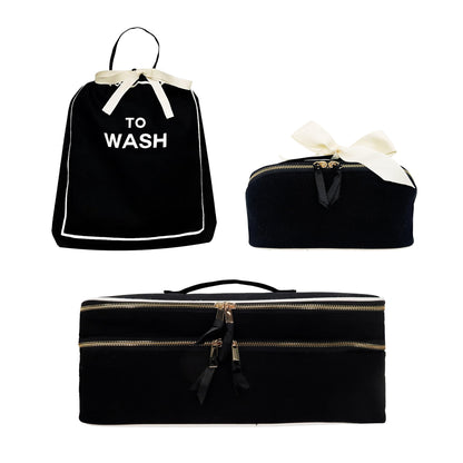 Bag-all black Weekender Gift Set with 3 laundry and beauty cases featuring elegant white bows and gold zippers