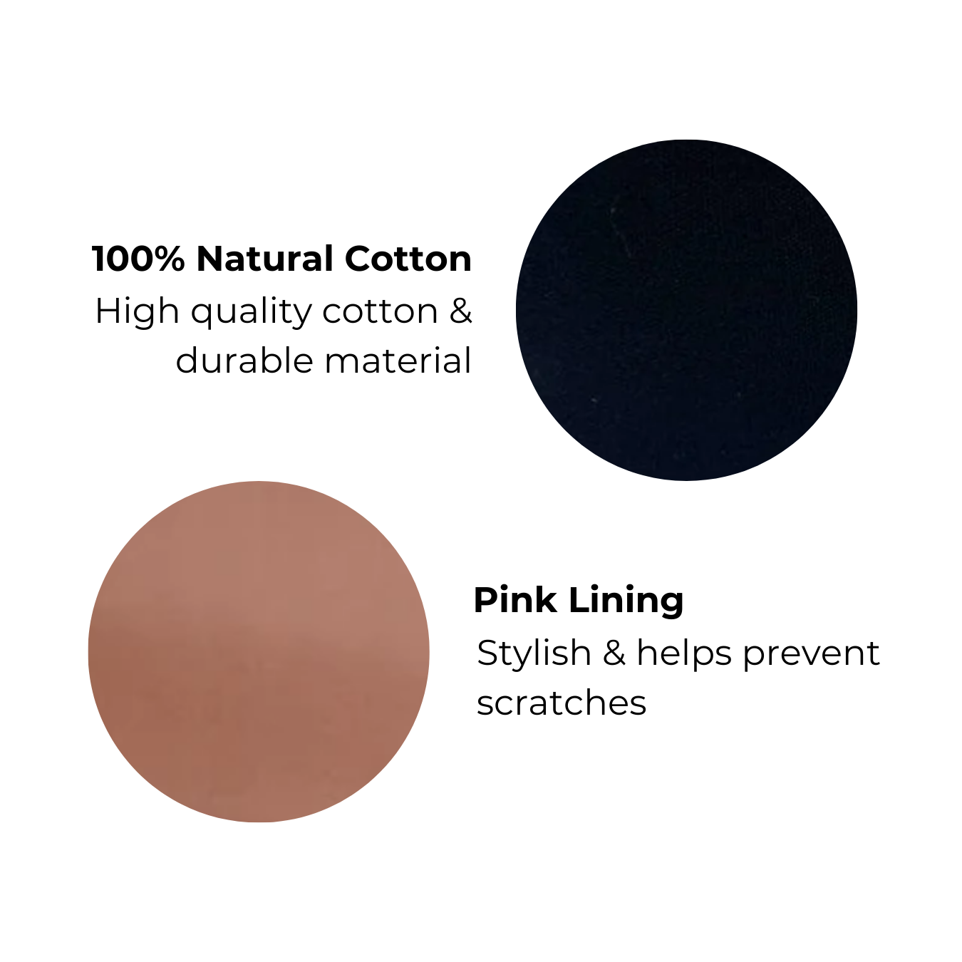 Bag-all Couture Jewelry Roll Medium Black featuring natural cotton exterior and protective pink lining, material swatches showing quality fabric composition
