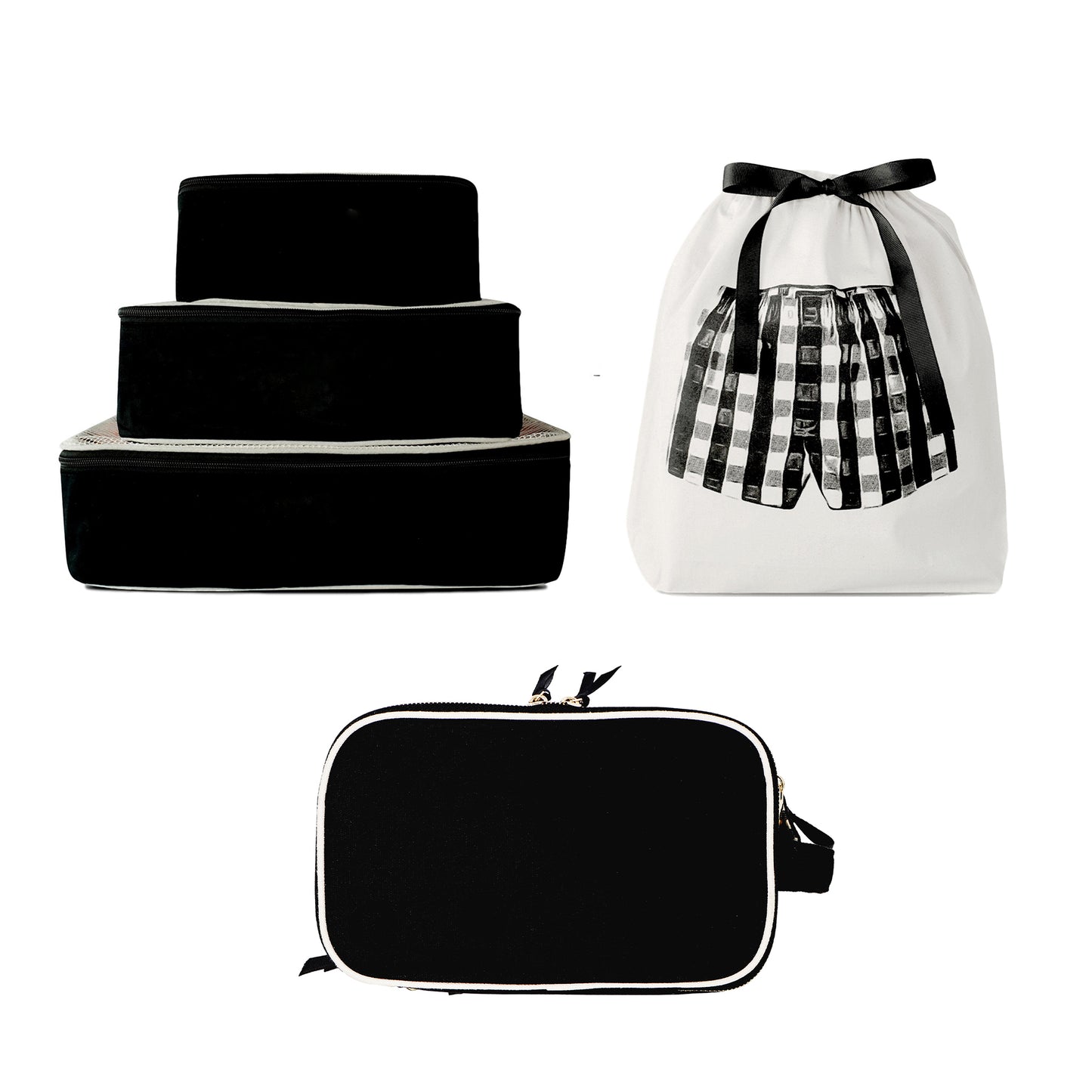 Black 5-pack Men’s Classic travel packing cubes and toiletry bag with white contrast and black ribbon by Bag-all