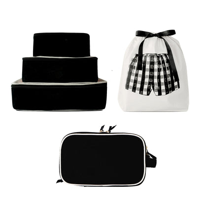 Black 5-pack Men’s Classic travel packing cubes and toiletry bag with white contrast and black ribbon by Bag-all