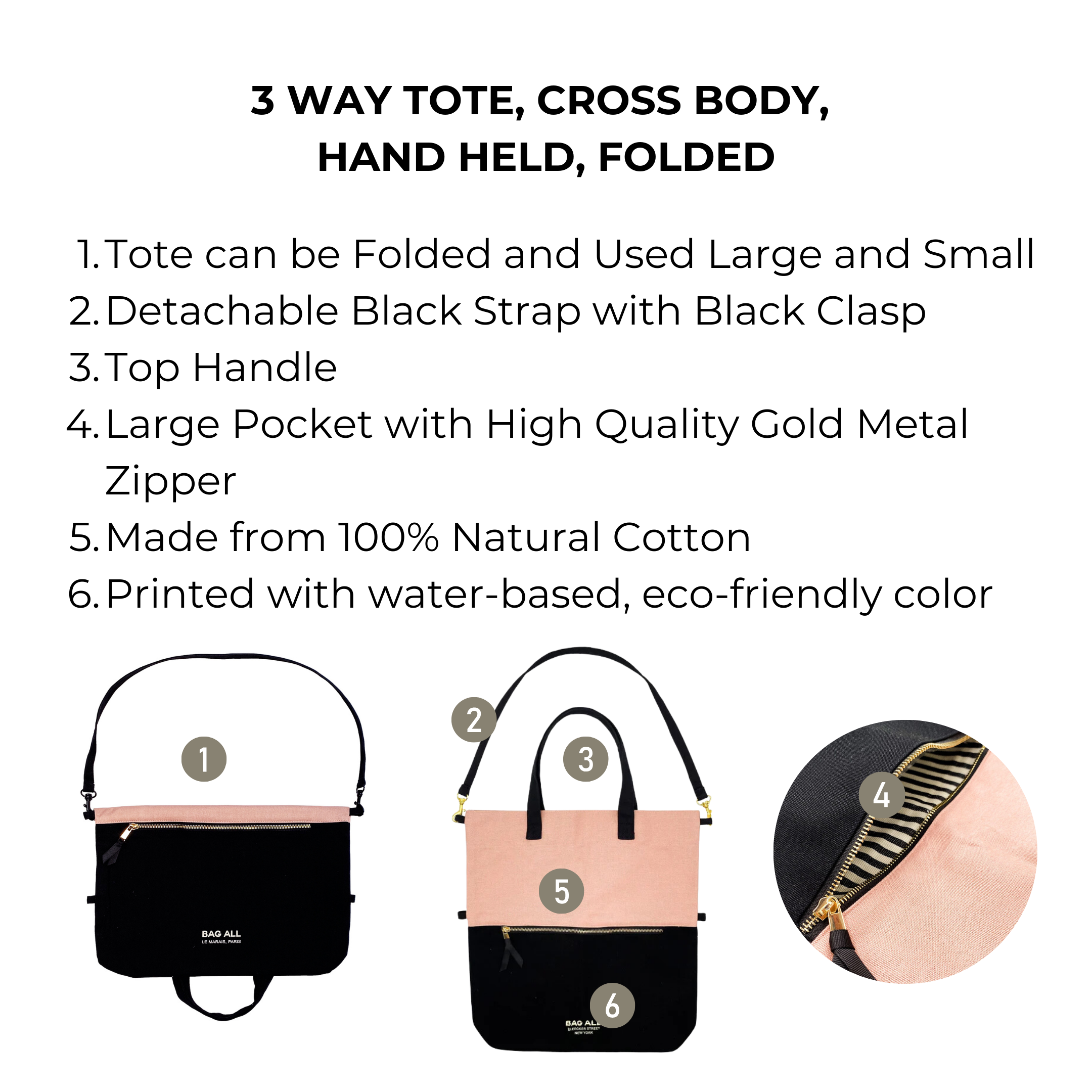 Woman carrying the Bag-all 3-Way Tote in Pink/Black, styled as a handbag. Chic and versatile for travel or everyday use