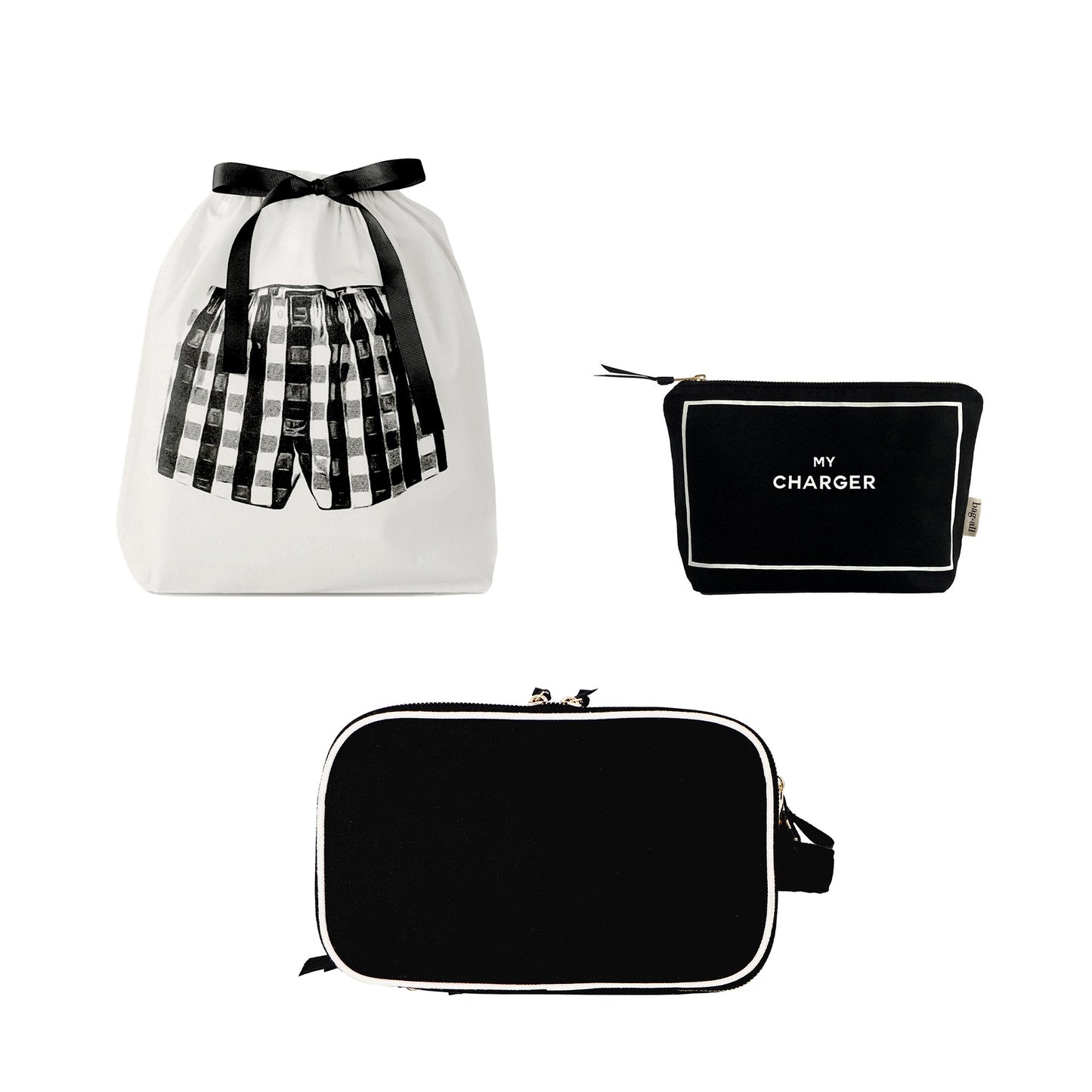 Bag-all Men’s Essentials Gift Set with black toiletry, tech, and travel organizers in a white drawstring pouch with bow