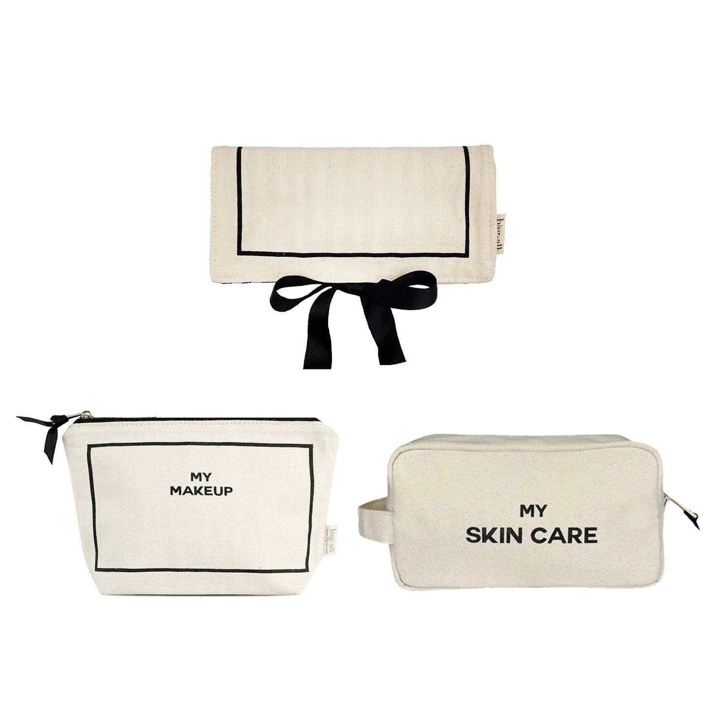 Bag-all cream 3-pack makeup skincare jewelry organizers set with elegant black trim and ribbon closure