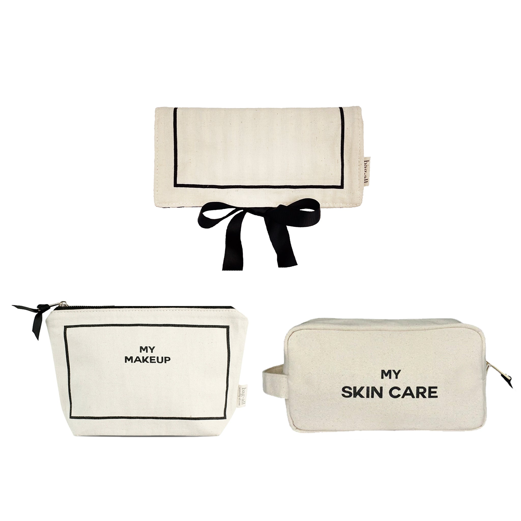 Bag-all cream 3-pack makeup skincare jewelry organizers set with elegant black trim and ribbon closure