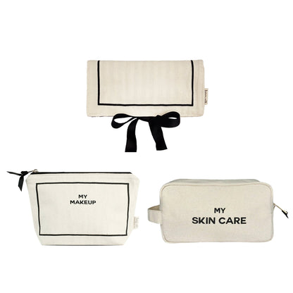 Bag-all cream 3-pack makeup skincare jewelry organizers set with elegant black trim and ribbon closure