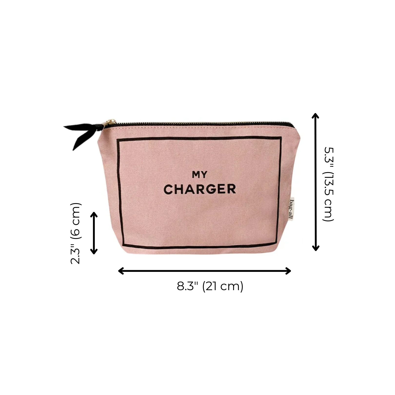 Bag-all My Charger Pouch in blush pink cotton with black text and gold zipper, compact size 8.3x5.3 inches, perfect for organizing cables and tech accessories