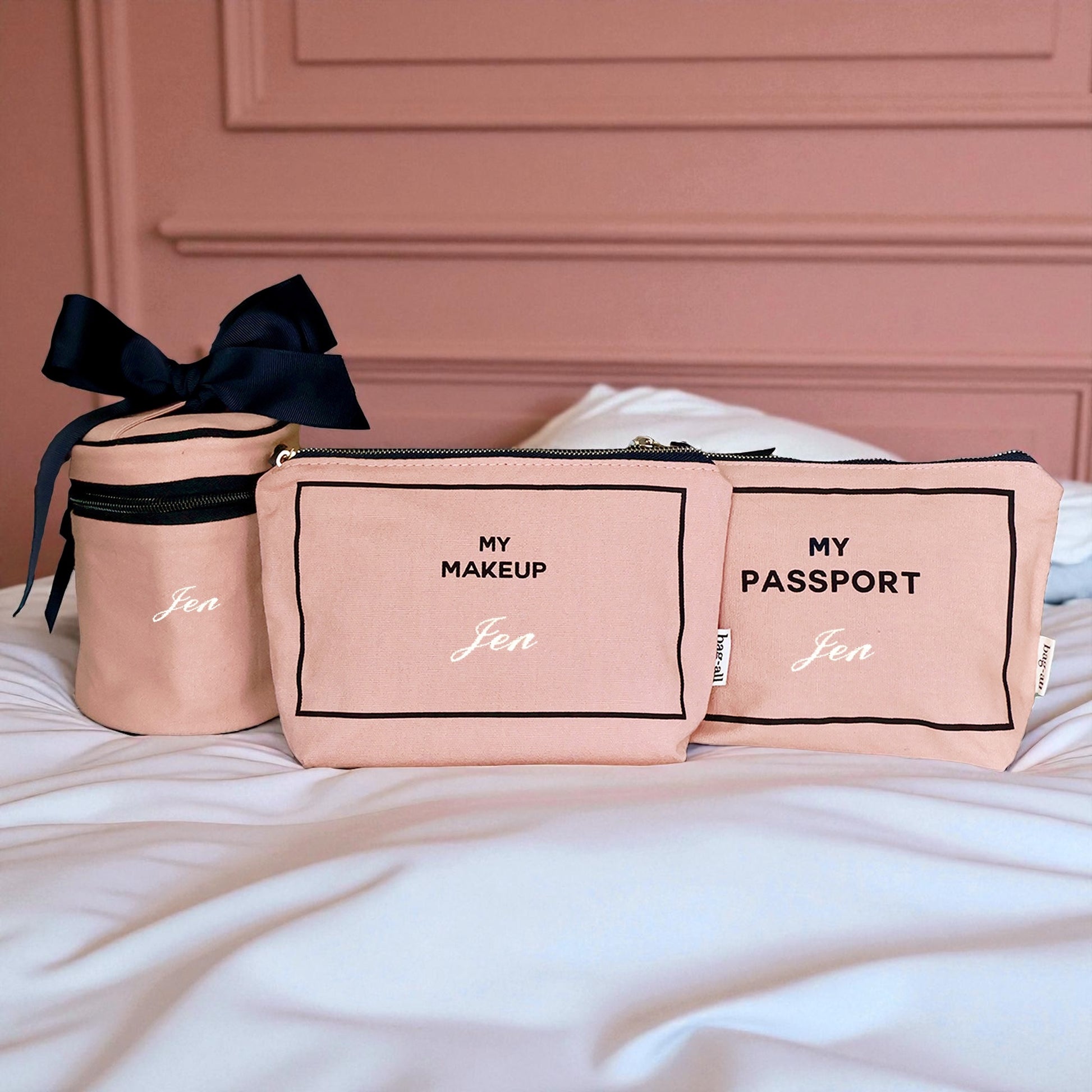 Pink blush 3-pack travel organizer set for makeup passport and liquids by Bag-all with personalized name Jen