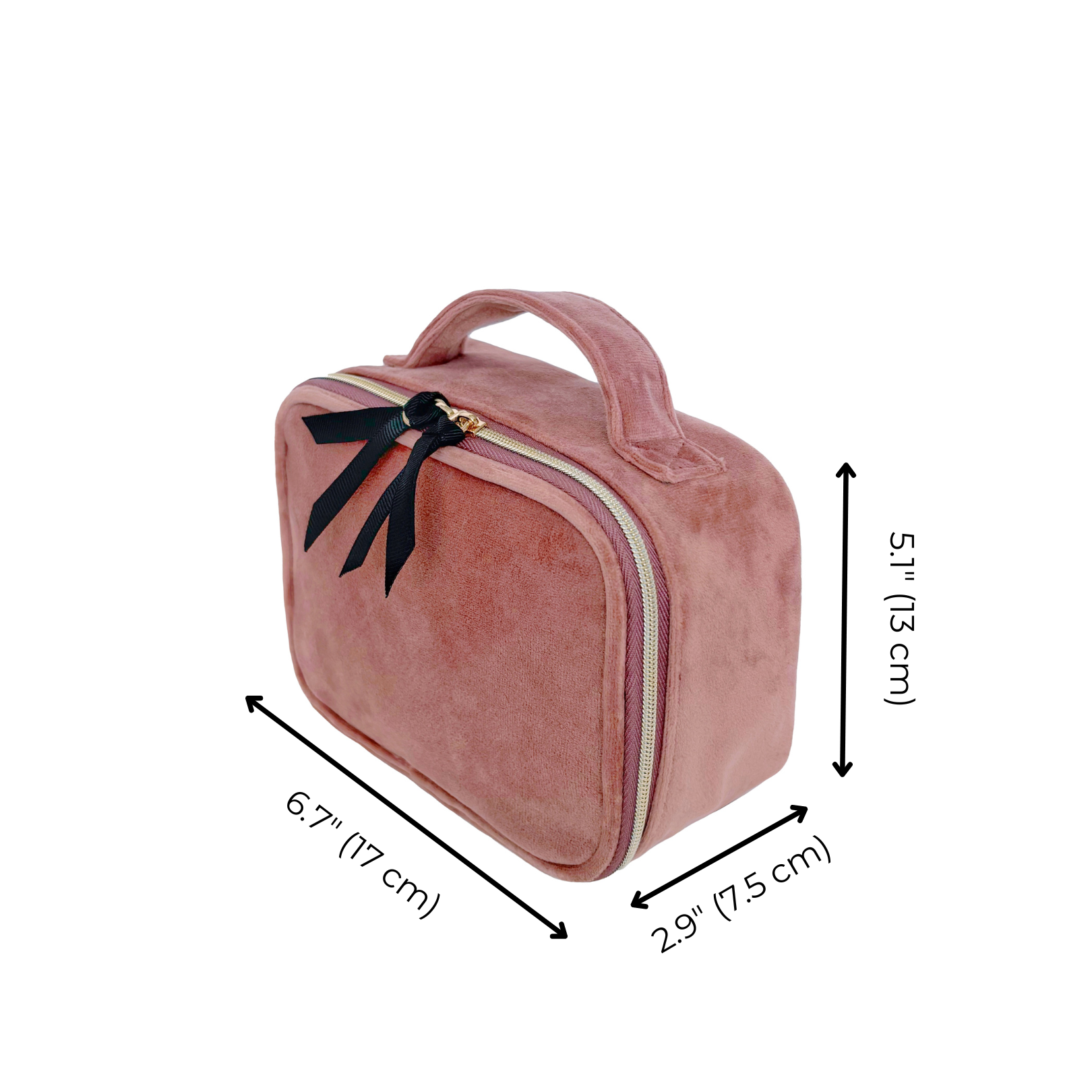 Bag-all Pink Velvet Pill Box with Handle & Weekly Organizer - Compact eco-friendly medication storage case with 7-day compartments, black bow detail, and carry handle, measuring 6.7 x 5.1 x 2.9 inches