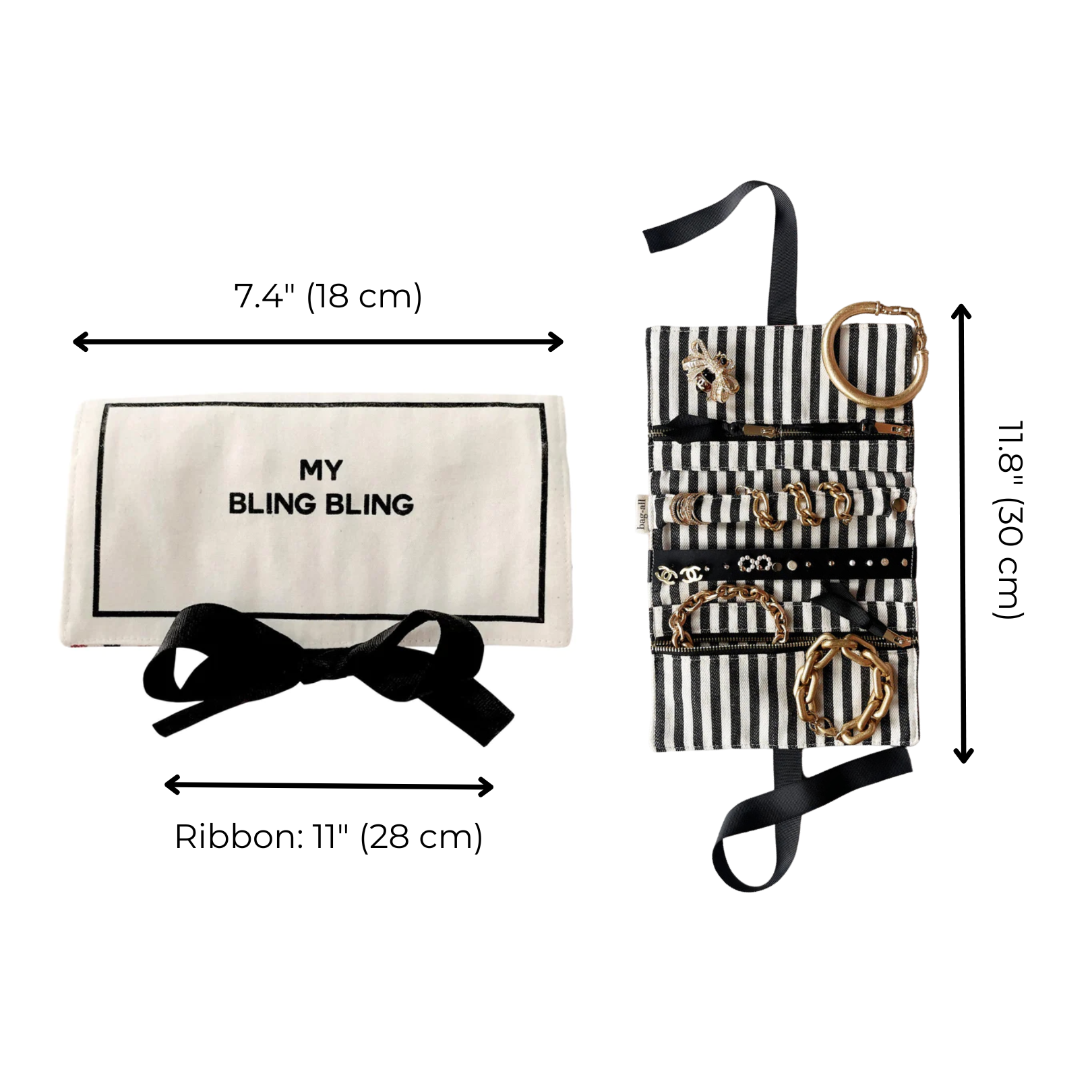 Deal Gift Set for Her, 3-pack, Cream cotton jewelry roll with personalized text, striped interior, and ribbon tie by Bag-all for travel organization.