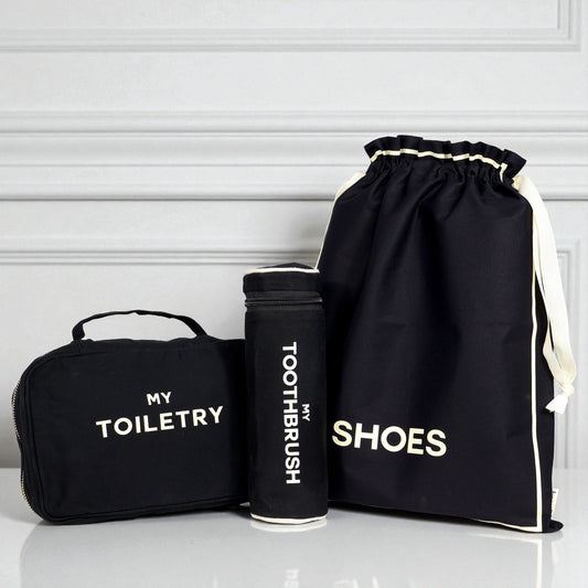 Black 3-pack packing and toiletry organizers for travel essentials by Bag-all with labeled compartments for shoes toothbrush and toiletries