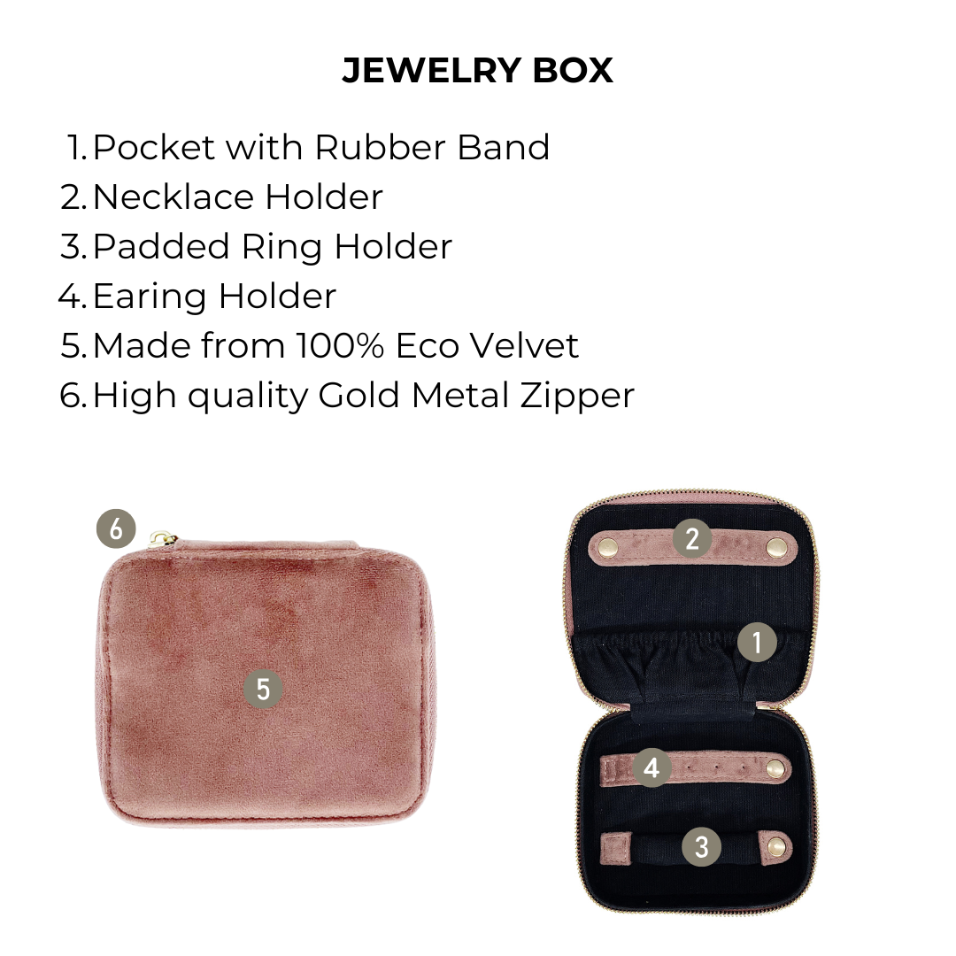 Bag-all Cute Jewelry Box in pink recycled velvet with monogram option, featuring organized compartments for rings, necklaces, and earrings, and gold zipper