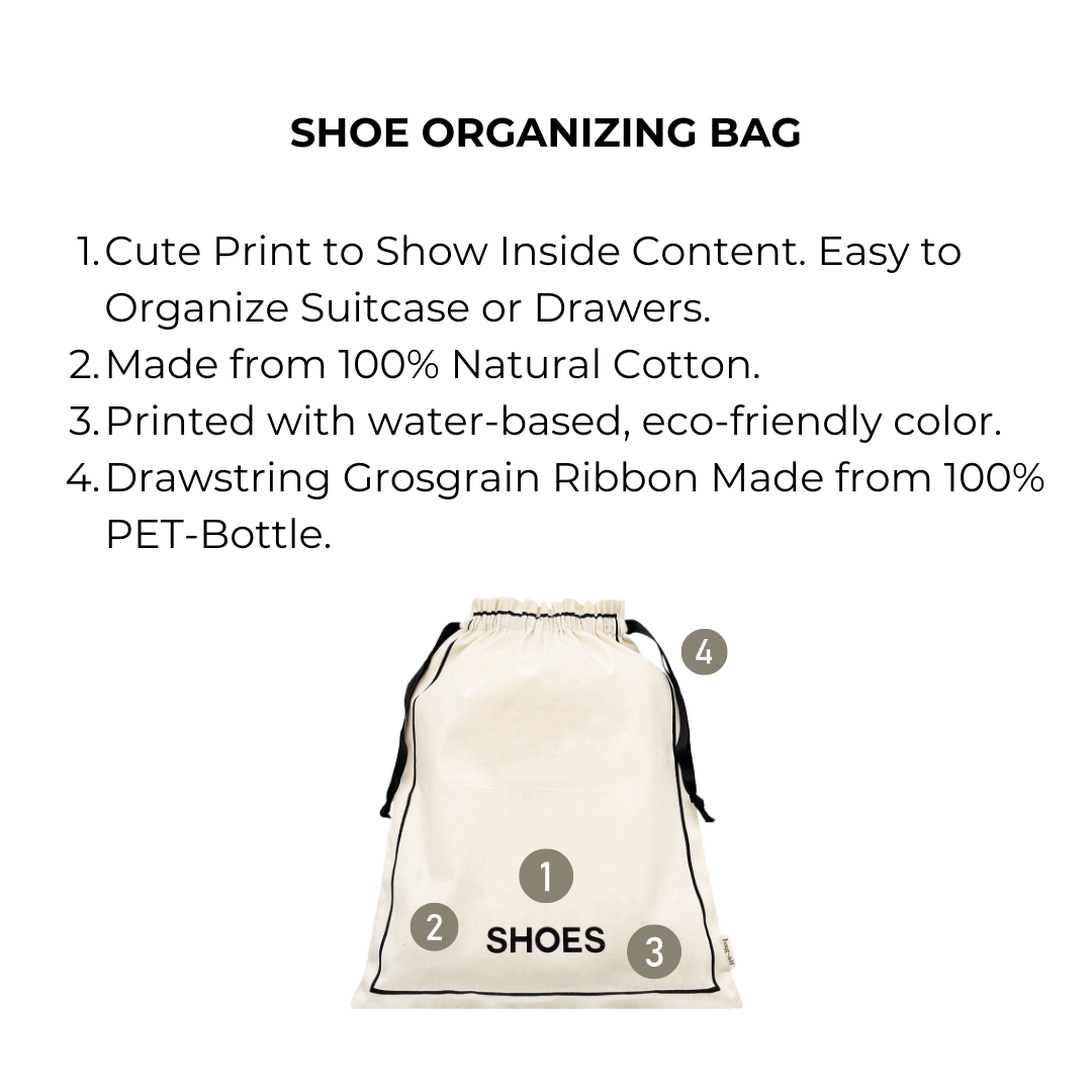 Bag-all Couture Shoe Travel Bag in cream cotton with small print features, eco-friendly drawstring organizer with shoe pattern design for stylish storage and travel organization