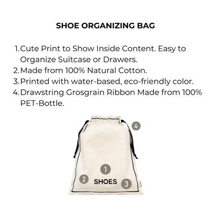 Bag-all Couture Shoe Travel Bag in cream cotton with small print features, eco-friendly drawstring organizer with shoe pattern design for stylish storage and travel organization