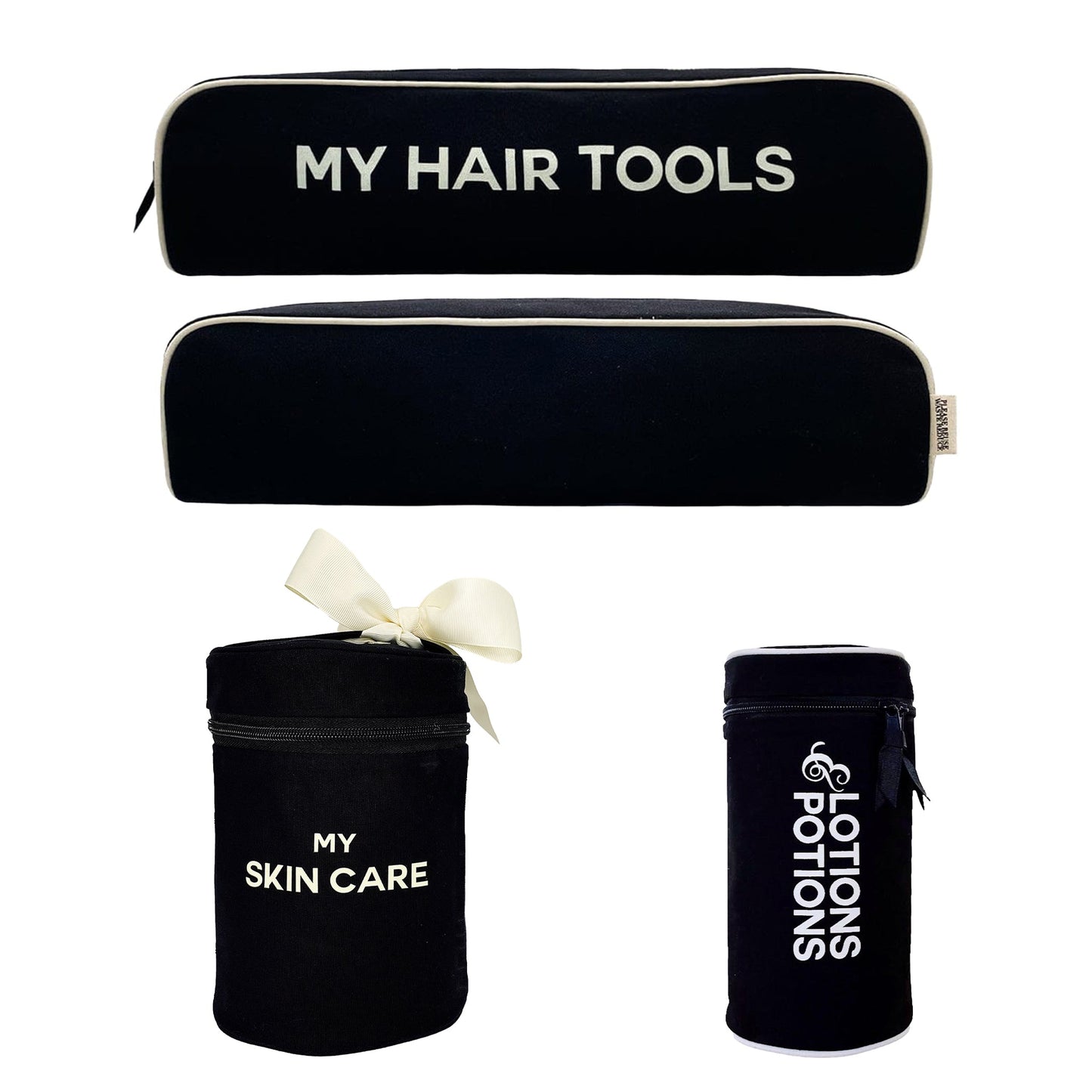 Bag-all black Spa Lover Gift Set with My Hair Tools, My Skin Care, and Lotions Potions organizers for beauty storage