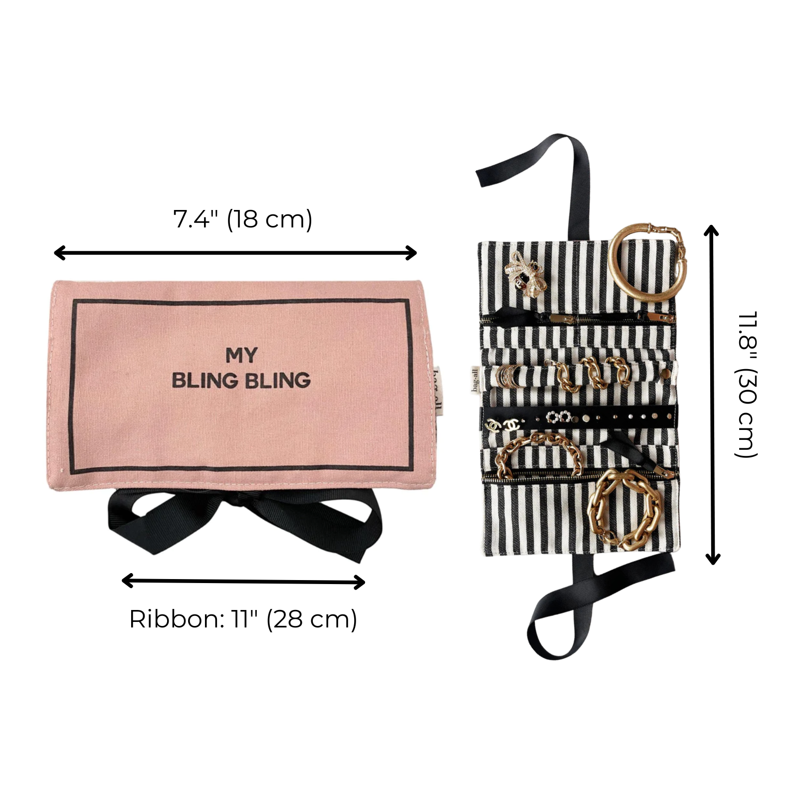 Deal Gift Set for Her, 3-pack, Pink/Blush featuring a personalized cotton jewelry roll with black and white stripes, ribbon tie, and stylish travel organization by Bag-all.