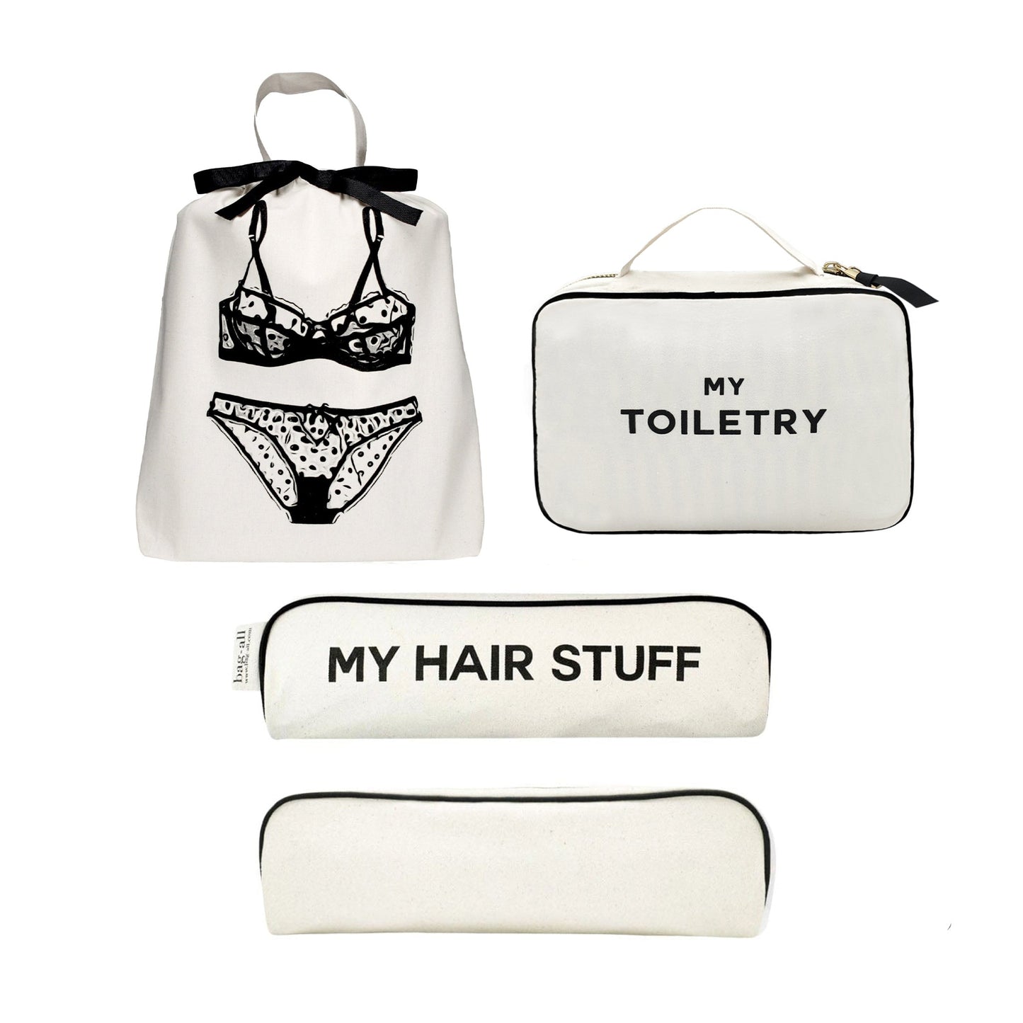 Bag-all cream Starter Pack Essentials set with lingerie bag, toiletry organizer, and hair stuff pouch for travel and everyday use