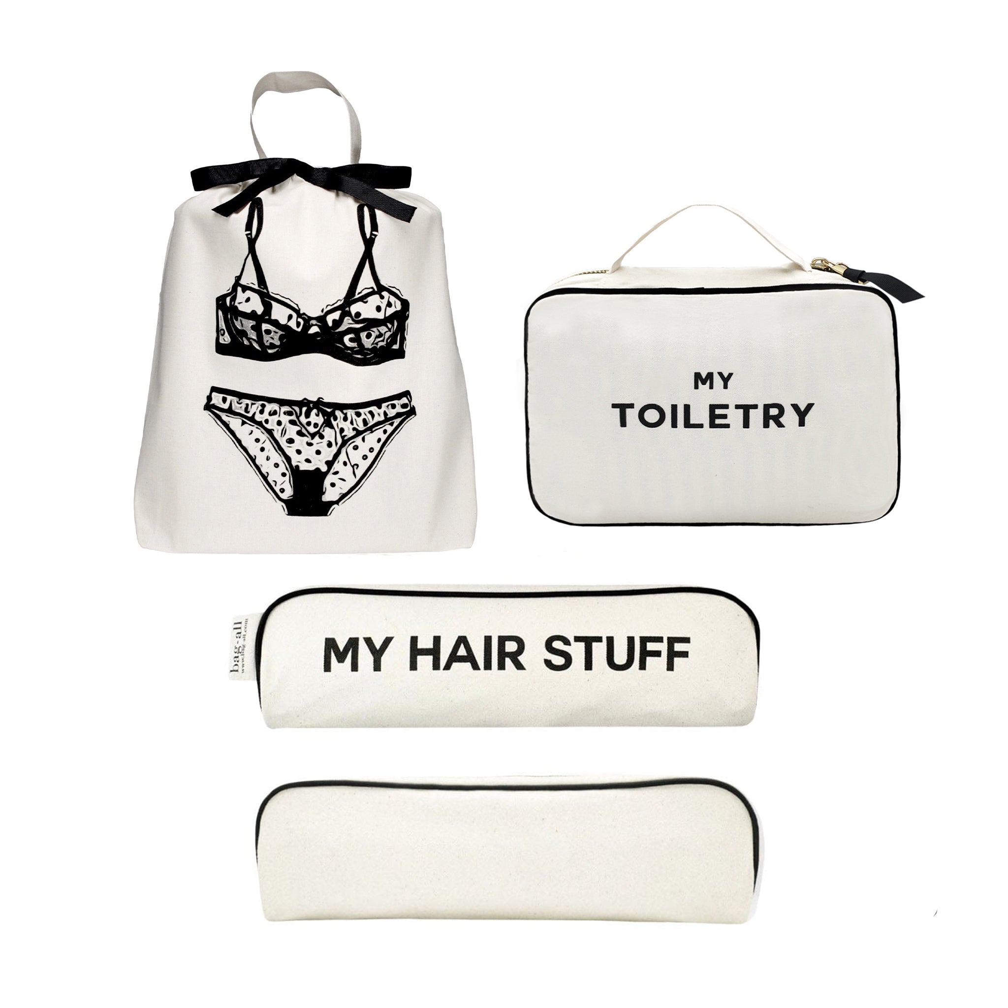 Bag-all cream Starter Pack Essentials set with lingerie bag, toiletry organizer, and hair stuff pouch for travel and everyday use