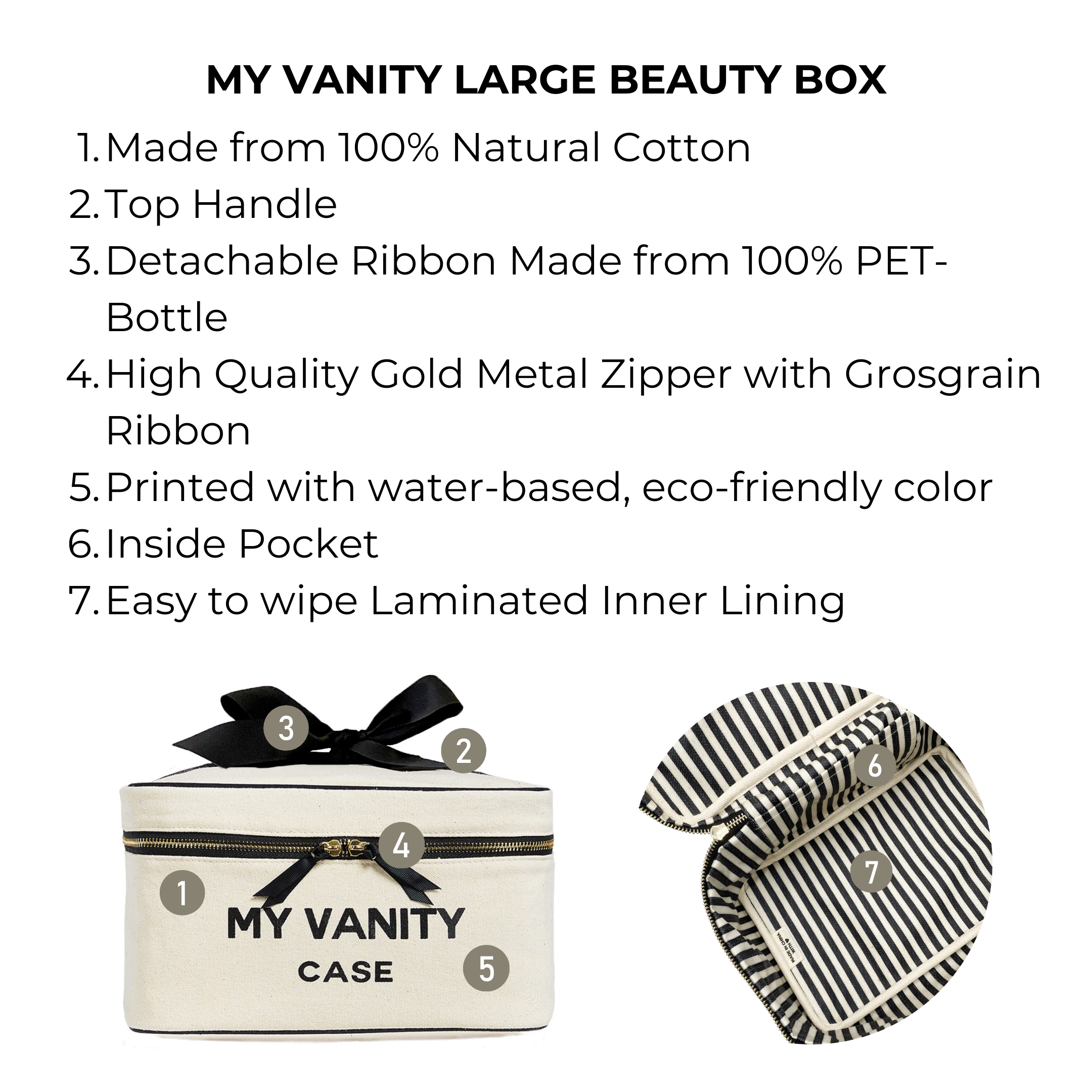 Bag-all My Vanity Large Beauty Box in cream with cotton exterior, waterproof striped lining, detachable bow, gold zipper and handle - perfect for organizing cosmetics and travel