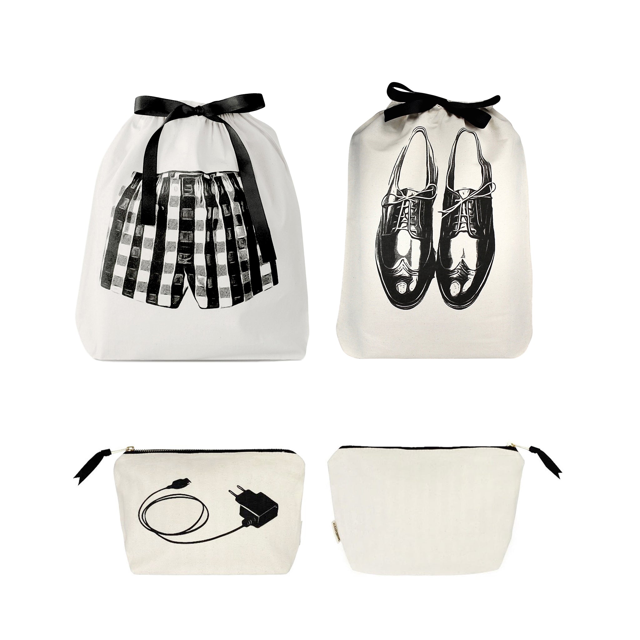 Bag-all cream 3-pack travel and tech organizers with shoe and accessory bags featuring black ribbon ties and printed graphics