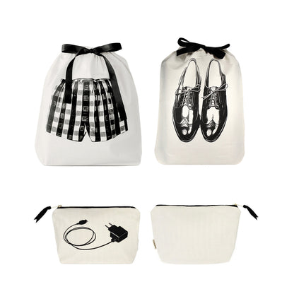 Bag-all cream 3-pack travel and tech organizers with shoe and accessory bags featuring black ribbon ties and printed graphics
