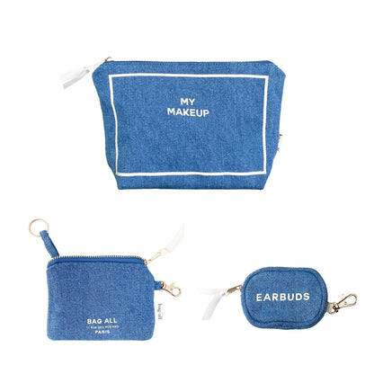 Bag-all denim 3-pack organizer set with cosmetic and essentials pouches for stylish handbag organization