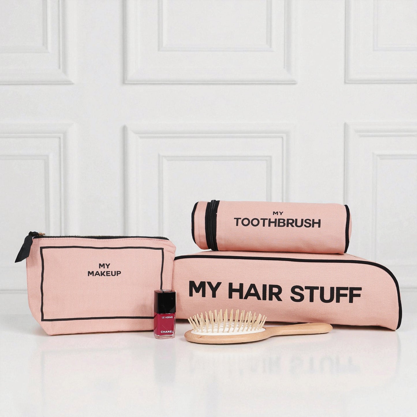 Bag-all pink blush 3-pack makeup and hair organizers with brush and nail polish for stylish storage