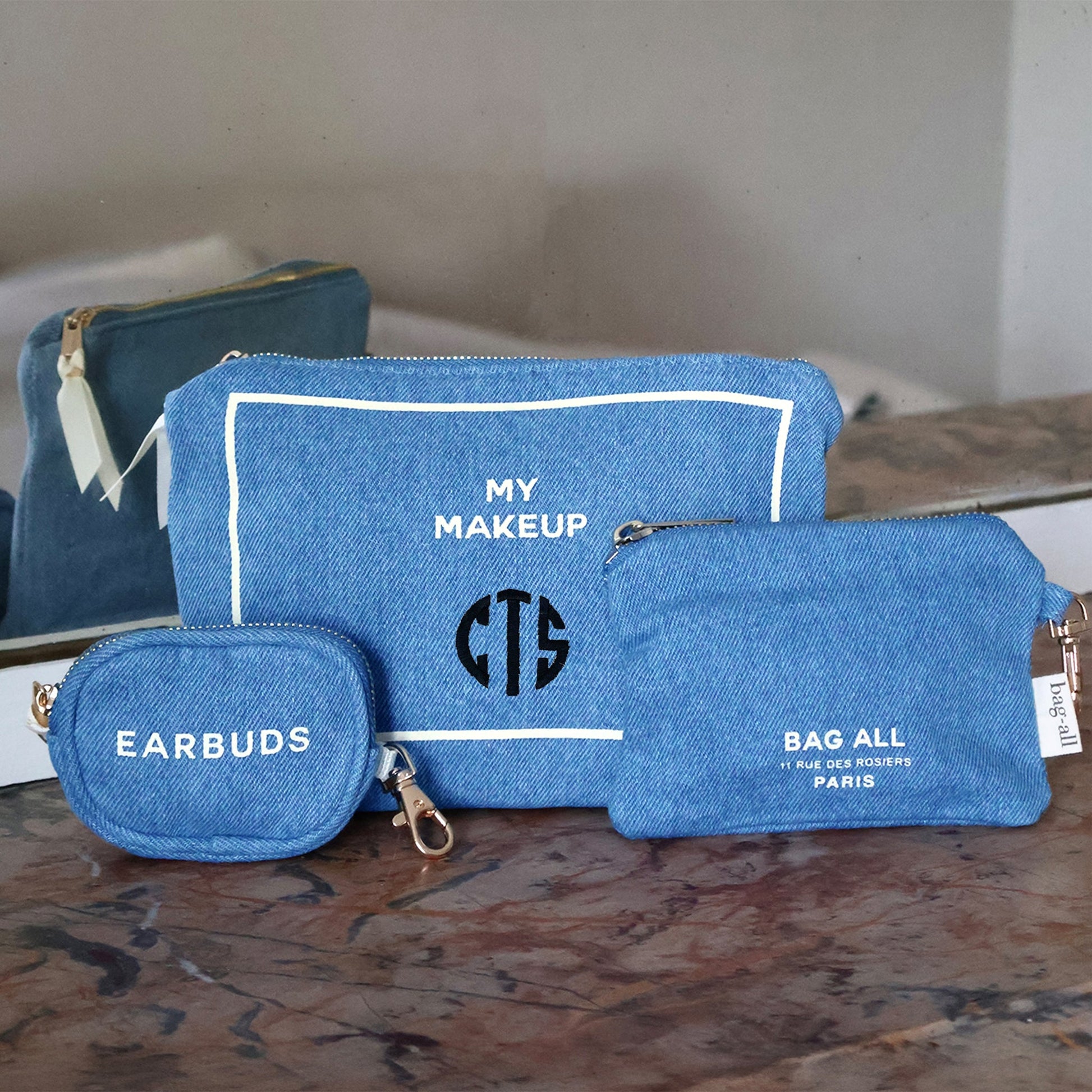 Bag-all denim 3-pack handbag organizer set for cosmetics earbuds and essentials stylish and practical storage solution